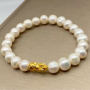 18K Gold Piyao Pixiu Dragon Lucky Charm Bracelet Freshwater Pearl 8mm